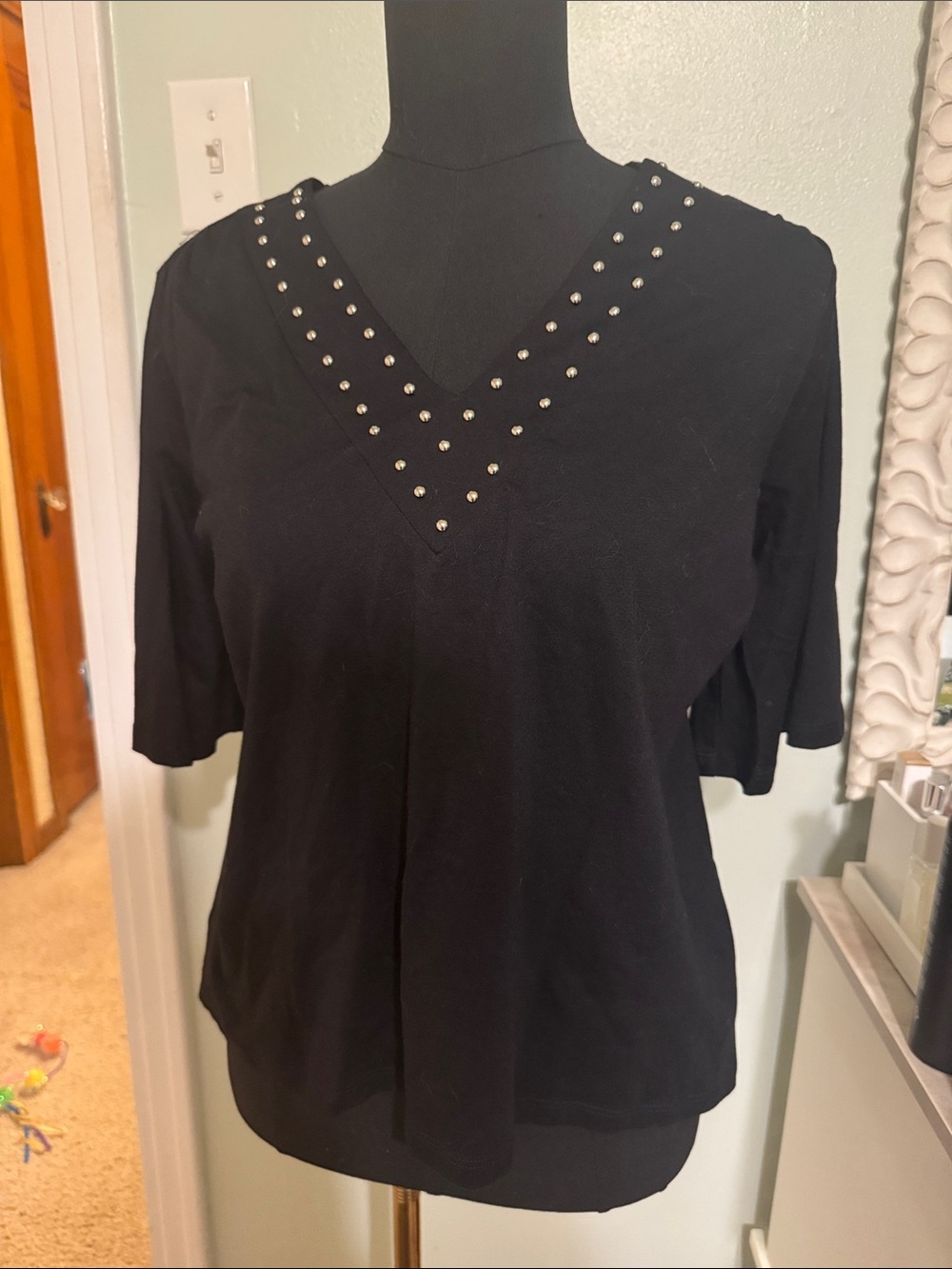 Michael Kors Black V-Neck Top with Silver Studs